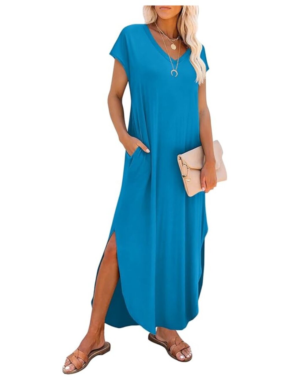Blue V-Neck Cap Sleeve Maxi Dress Size Medium